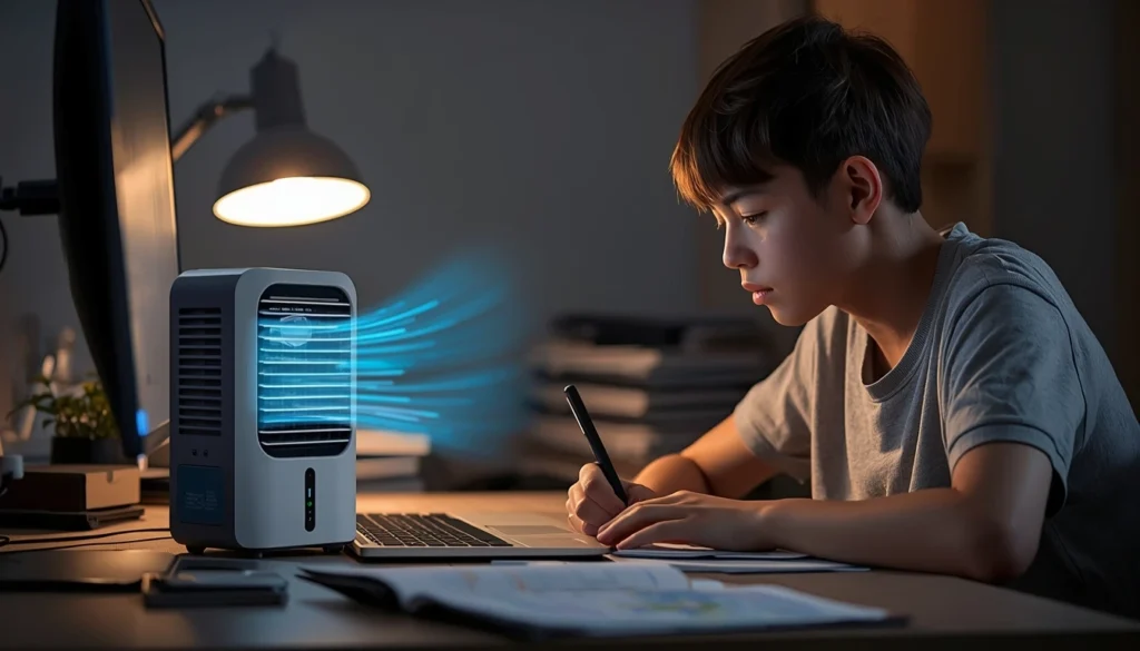 uma pessoa se refrescando com um climatizador de ar enquanto faz suas atividades