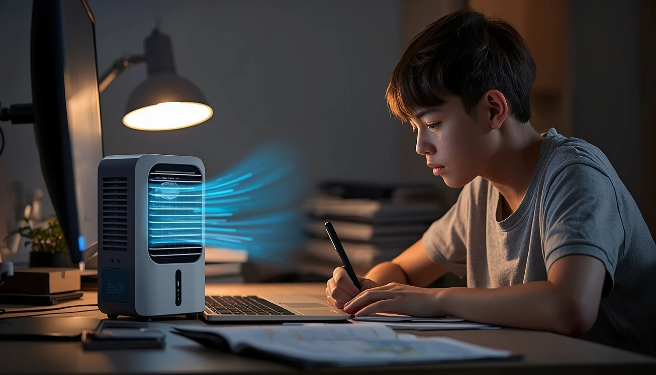 uma pessoa se refrescando com um climatizador de ar enquanto faz suas atividades