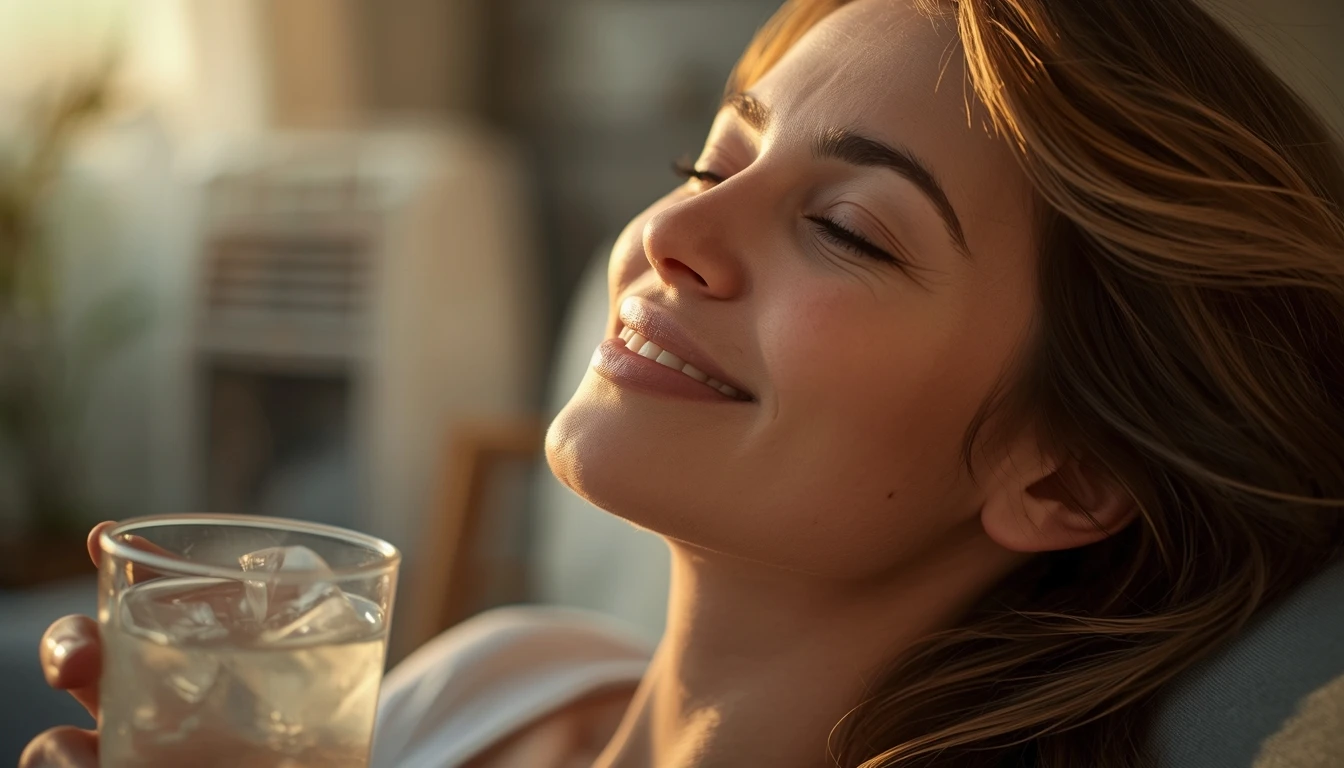 uma pessoa se refrescando com um climatizador de ar.