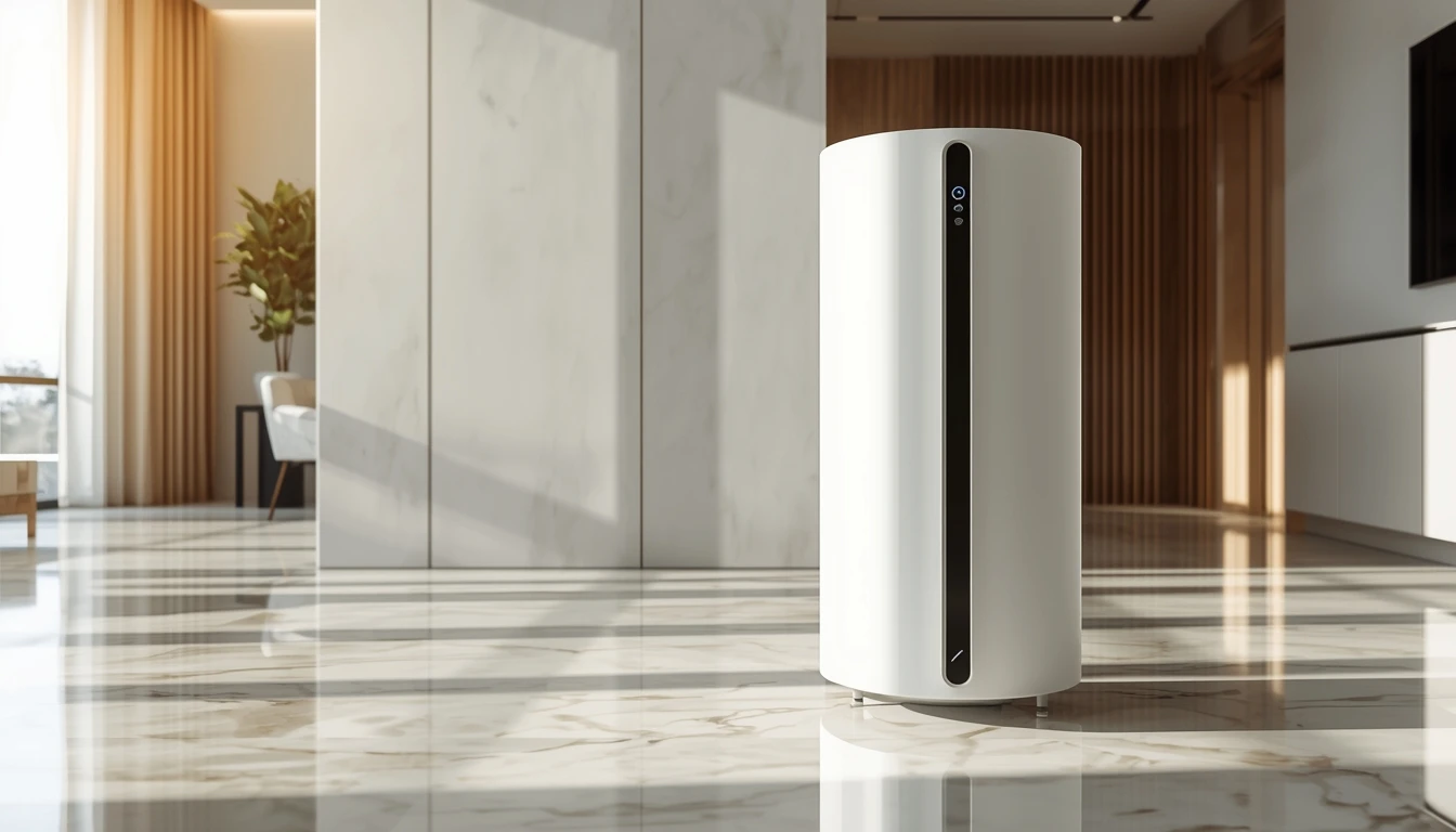 Visão geral de um aparelho branco instalado em uma sala de estar ampla servindo de base para a análise se o climatizador Midea é bom.