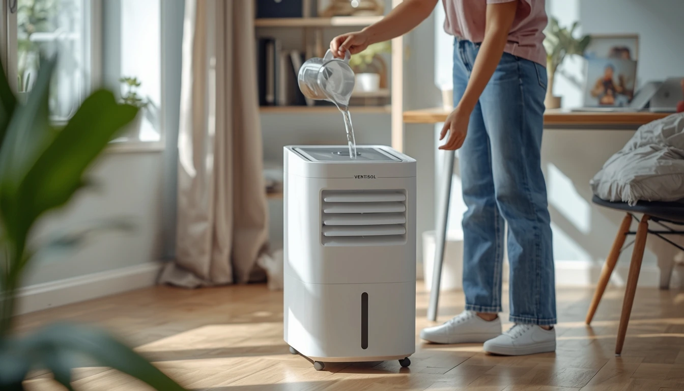 Uma pessoa abastecendo o reservatório de água de um aparelho branco durante teste para verificar se o climatizador Ventisol 16 litros é bom.