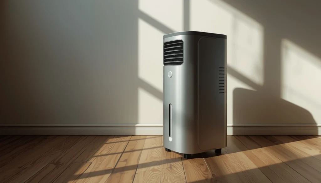 Modelo na cor cinza em funcionamento no canto de uma sala de estar moderna para avaliar se o climatizador Ventisol vale a pena o investimento.