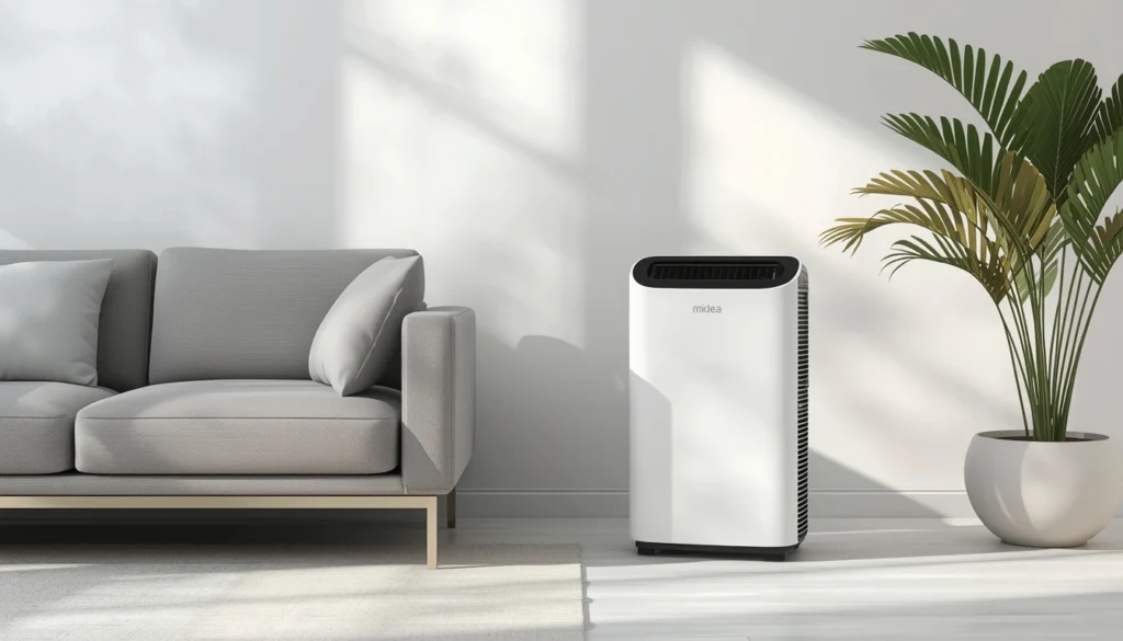 Aparelho branco posicionado na sala de estar ao lado de um sofá cinza para demonstrar qual o melhor climatizador de ar Midea residencial.